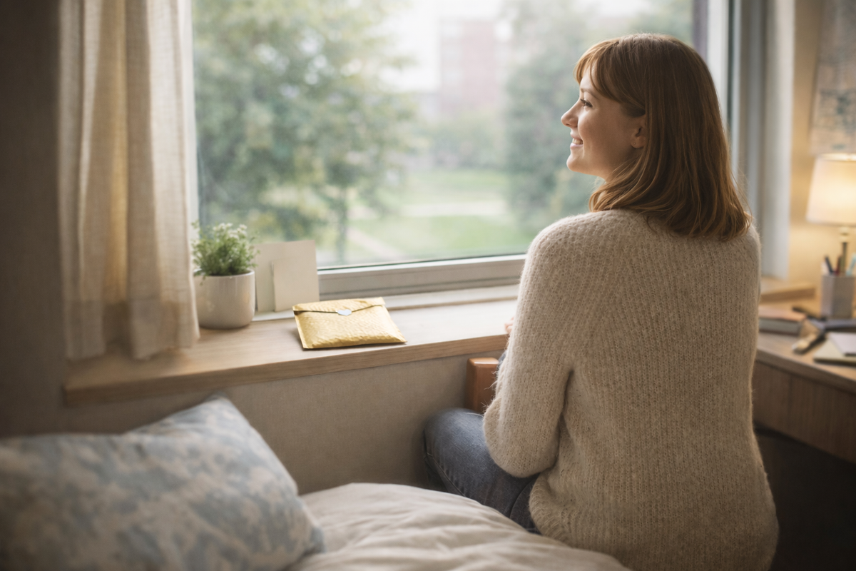 A young woman looking out of her dorm window
